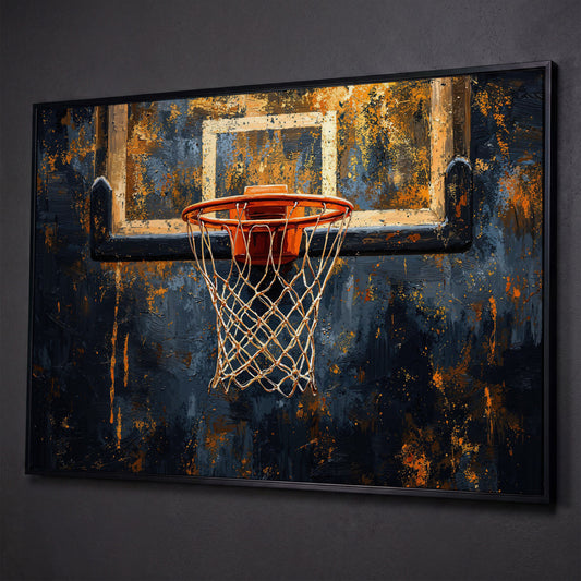 Basketball Hoop from Below Canvas Print shown in black floating frame