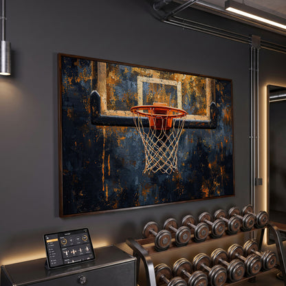 Basketball Hoop from Below Canvas Print in dark walnut floating frame