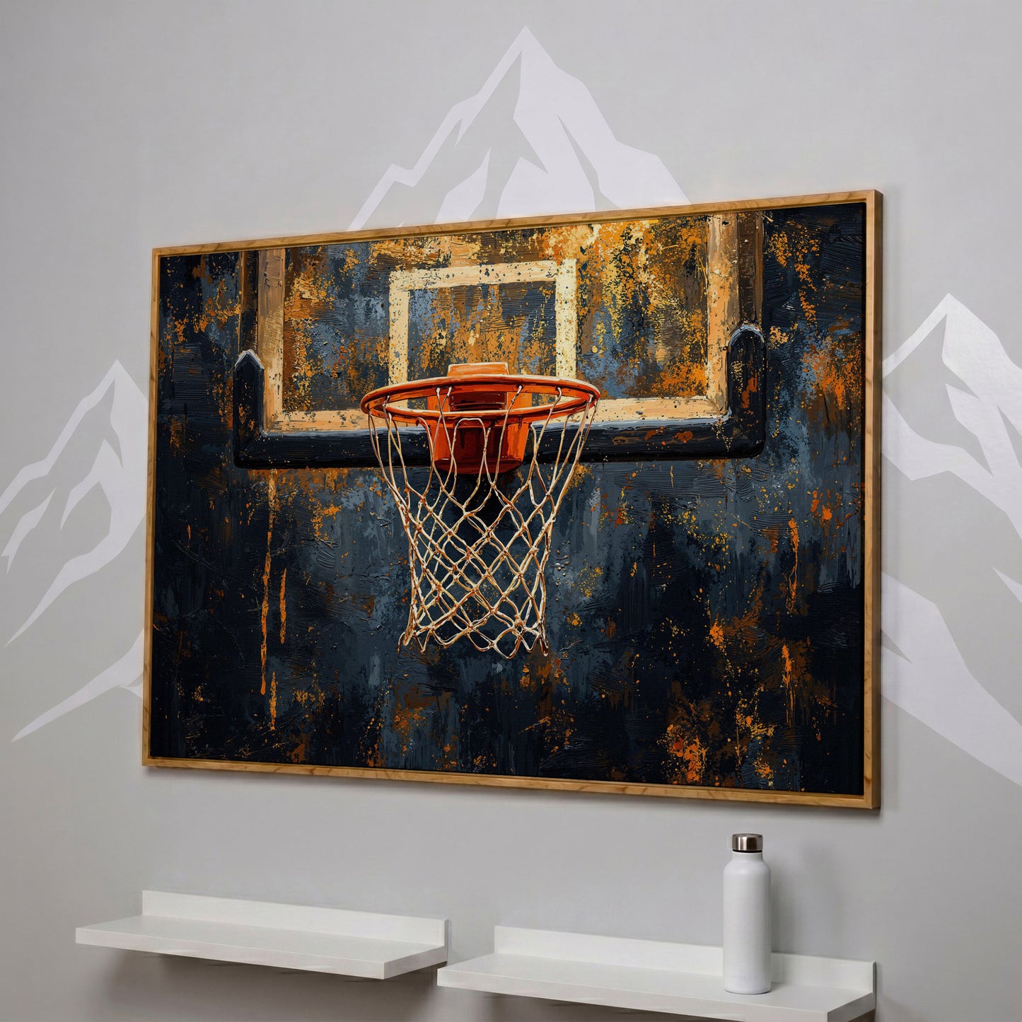 Basketball Hoop from Below Canvas Print in white oak floating frame