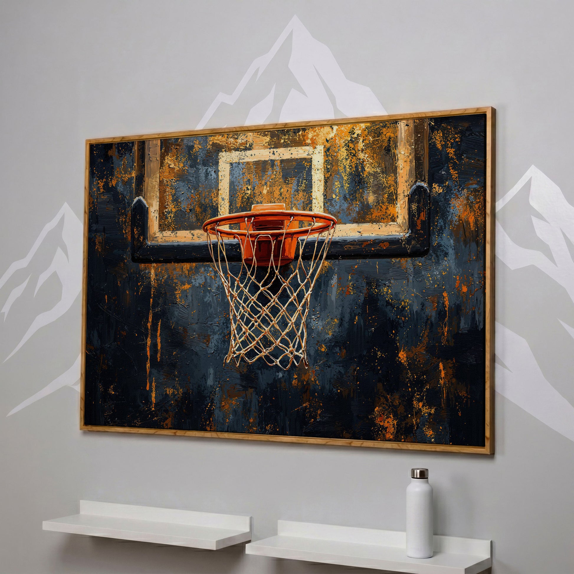 Basketball Hoop from Below Canvas Print in white oak floating frame