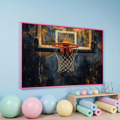 Basketball Hoop from Below Canvas Print in pink floating frame