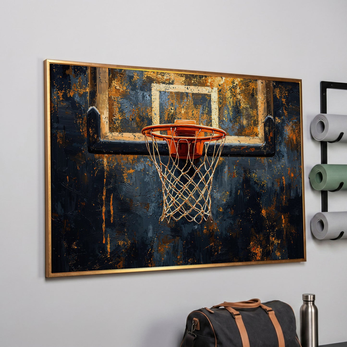 Basketball Hoop from Below Canvas Print in rose gold floating frame