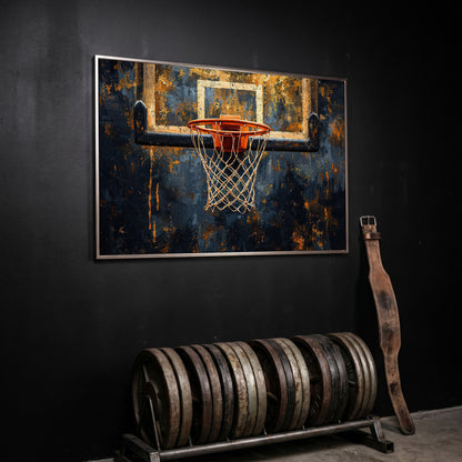 Basketball Hoop from Below Canvas Print in silver floating frame