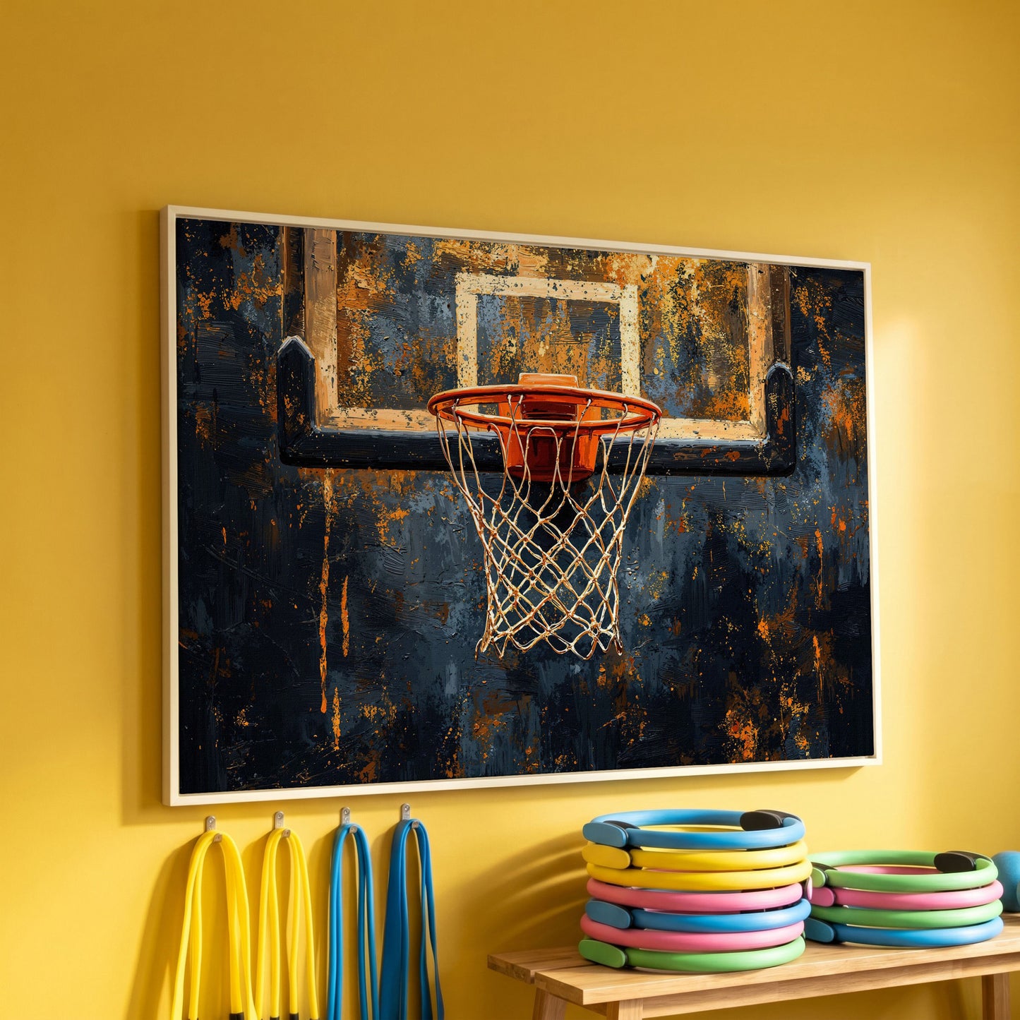 Basketball Hoop from Below Canvas Print in white floating frame
