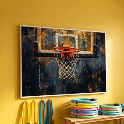 Basketball Hoop from Below Canvas Print in white floating frame