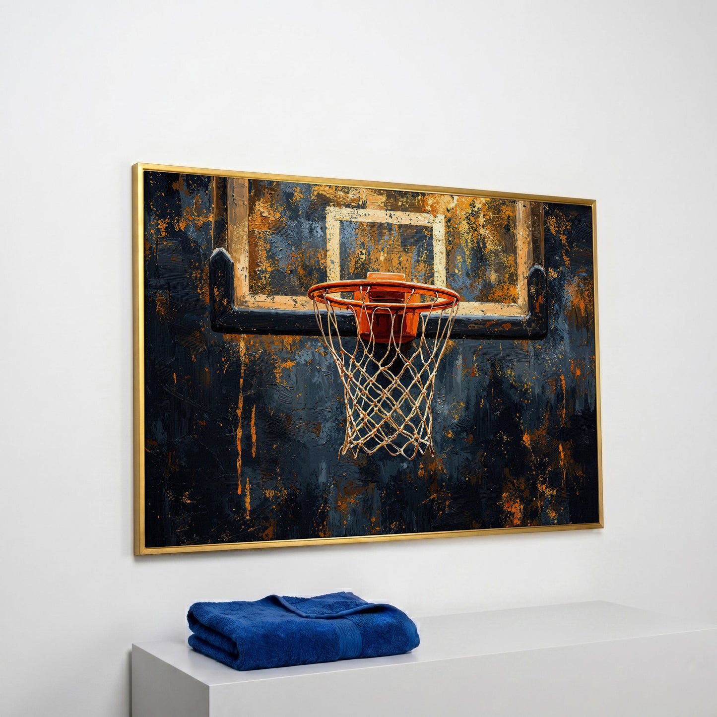 Basketball Hoop from Below Canvas Print in yellow gold floating frame