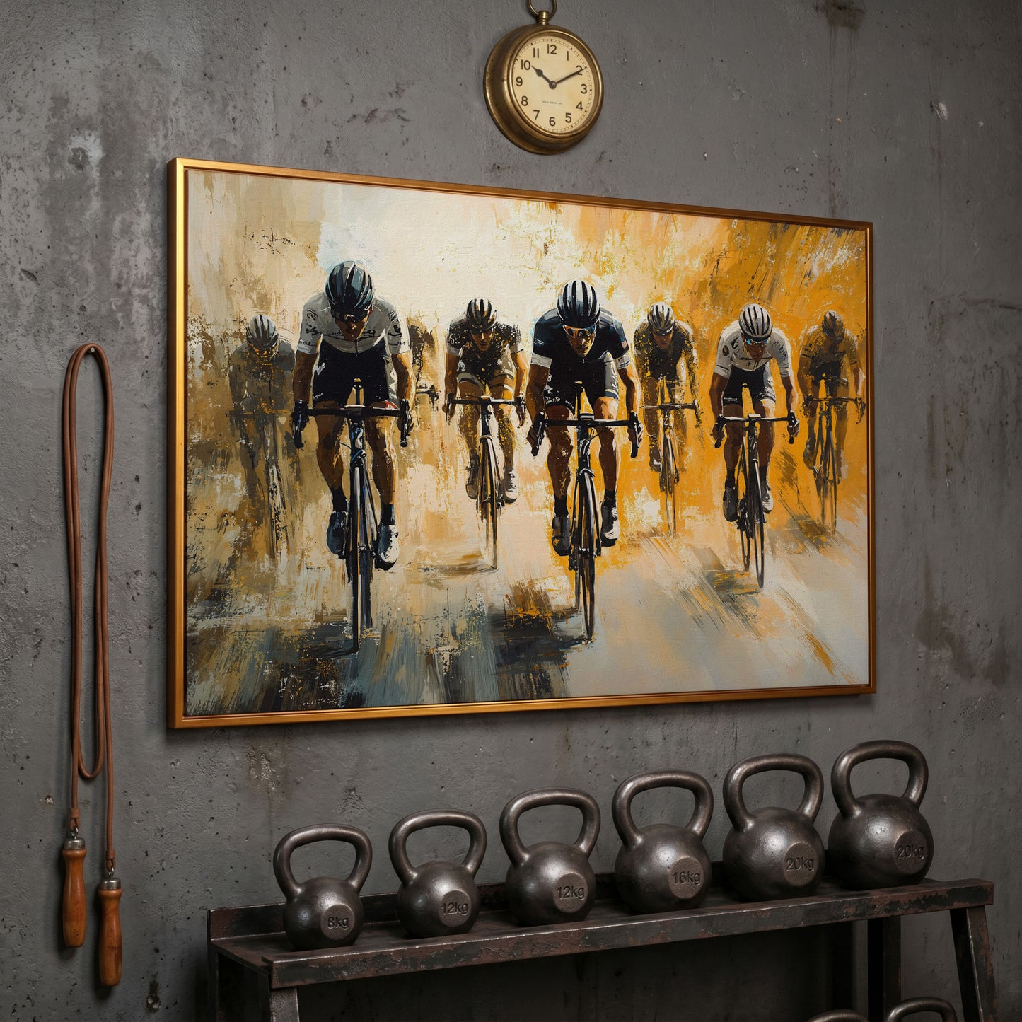Dynamic Cyclists Racing Canvas Print in antique gold floating frame