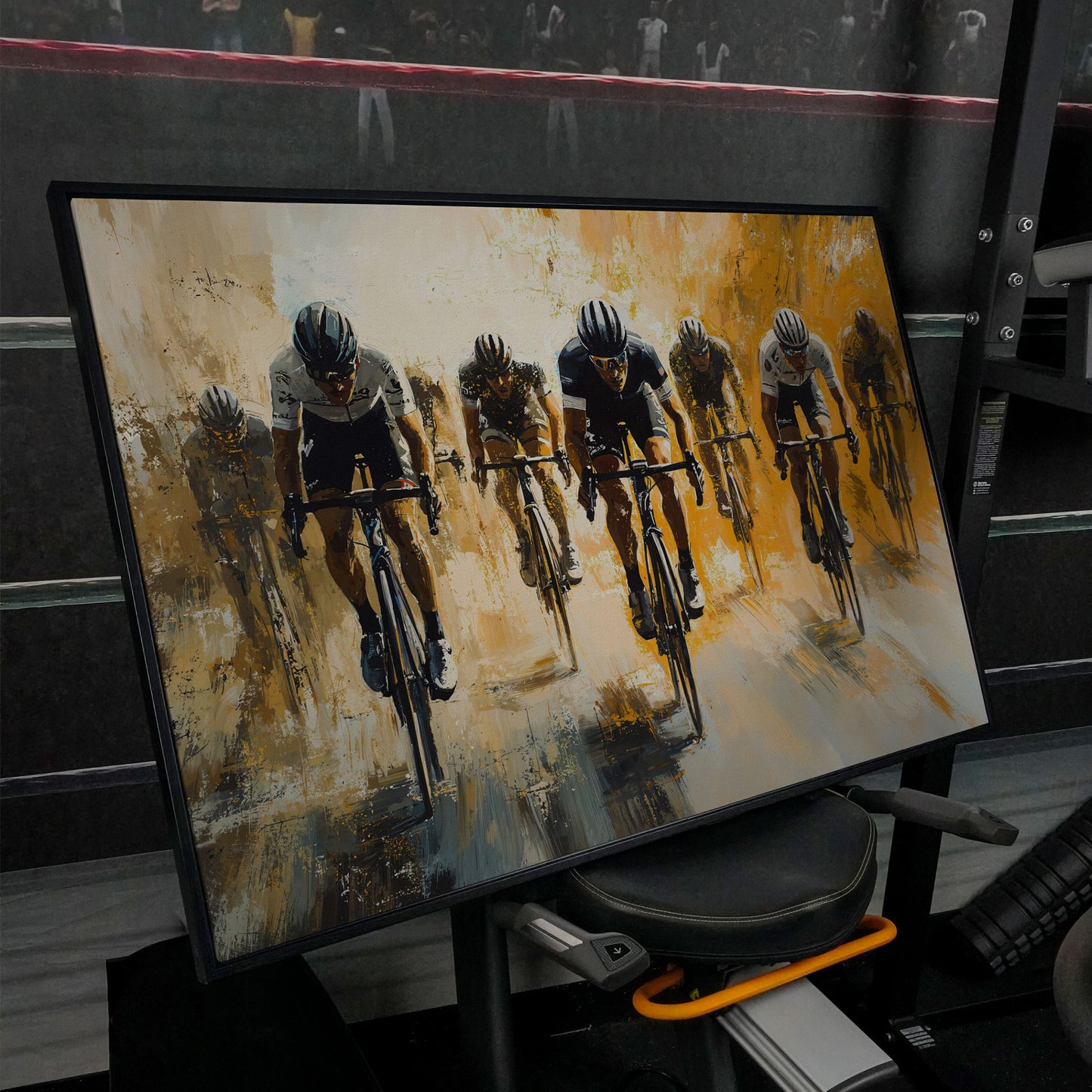 Dynamic Cyclists Racing Canvas Print in black floating frame