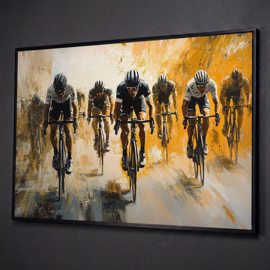 Dynamic Cyclists Racing Canvas Print shown in black floating frame