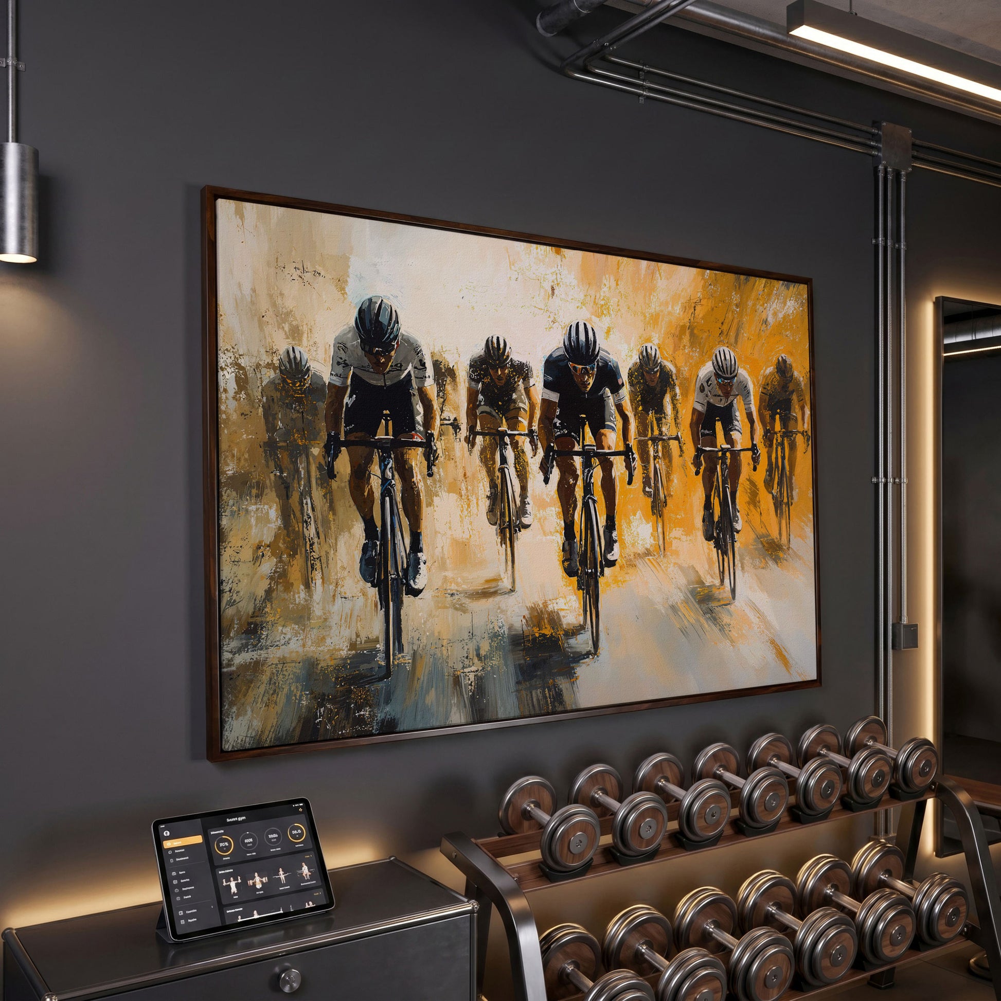 Dynamic Cyclists Racing Canvas Print in dark walnut floating frame