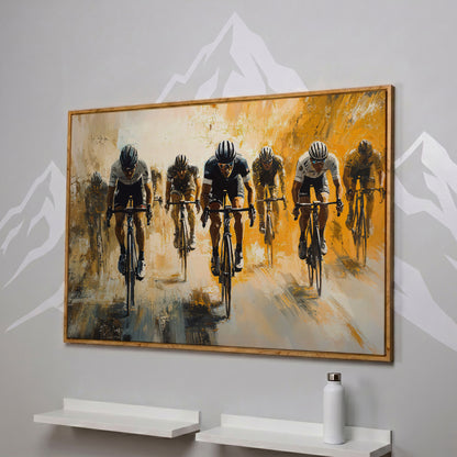 Dynamic Cyclists Racing Canvas Print in white oak floating frame