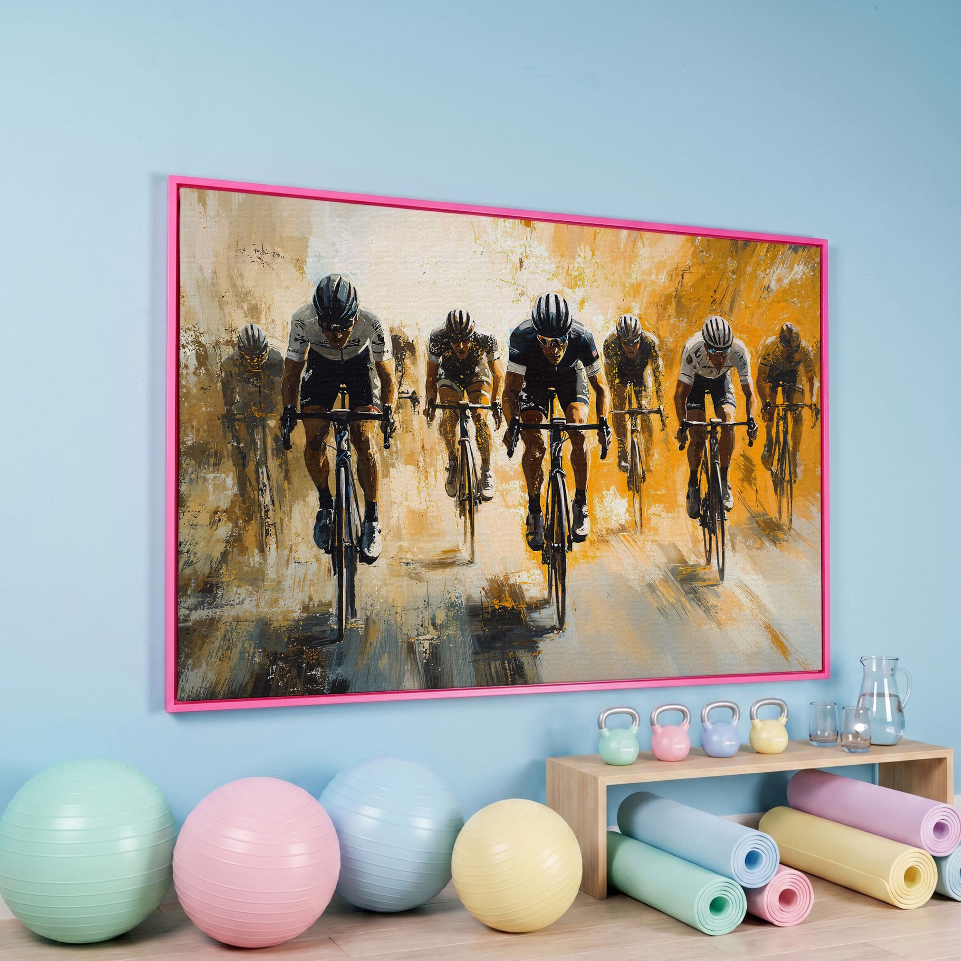 Dynamic Cyclists Racing Canvas Print in pink floating frame