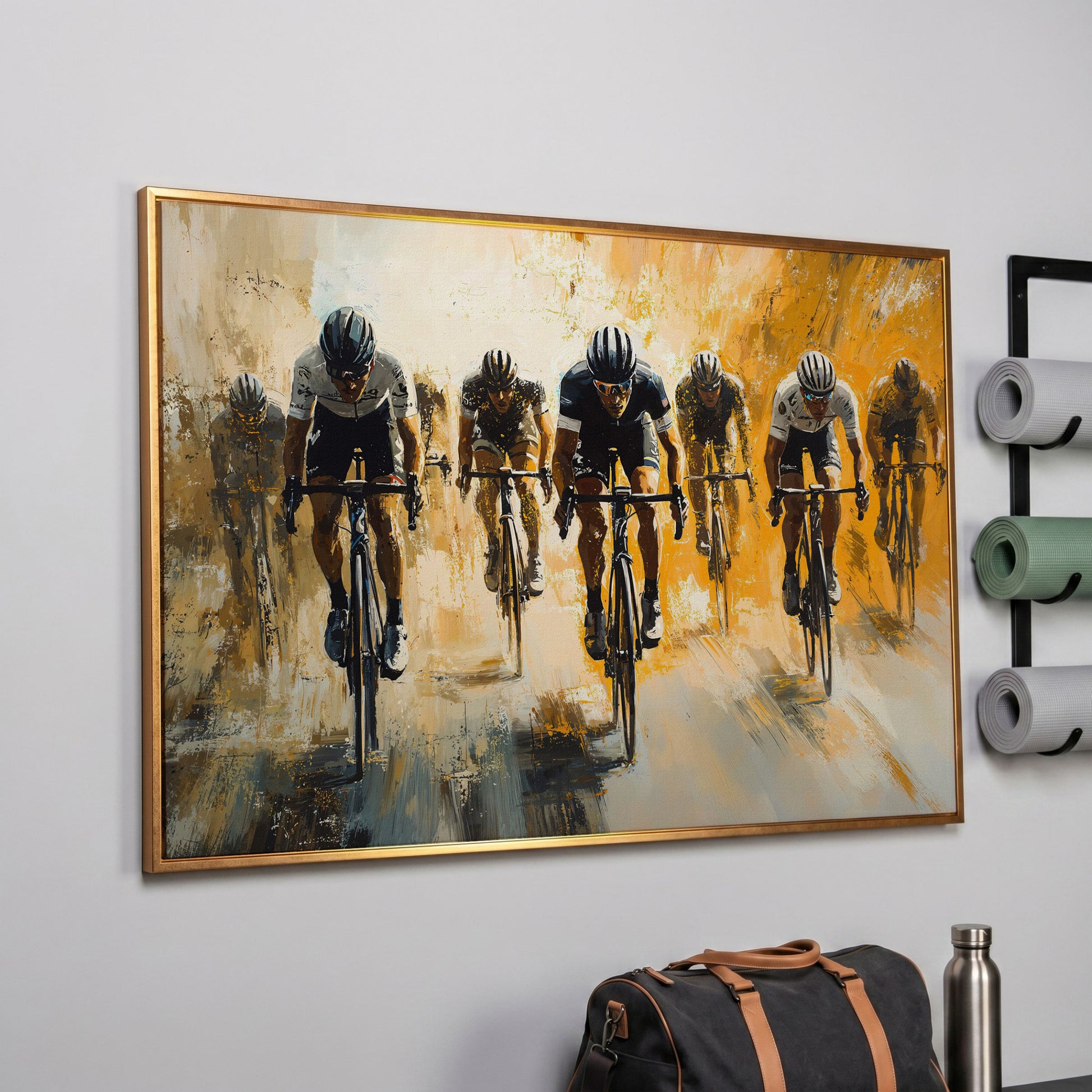Dynamic Cyclists Racing Canvas Print in rose gold floating frame