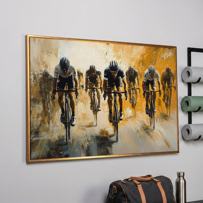 Dynamic Cyclists Racing Canvas Print in rose gold floating frame