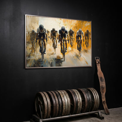 Dynamic Cyclists Racing Canvas Print in silver floating frame
