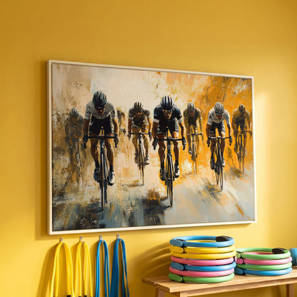 Dynamic Cyclists Racing Canvas Print in white floating frame