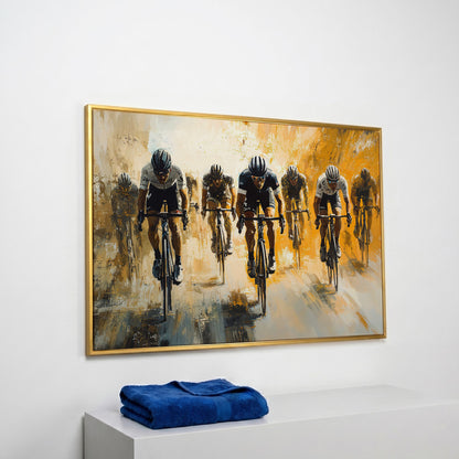 Dynamic Cyclists Racing Canvas Print in yellow gold floating frame