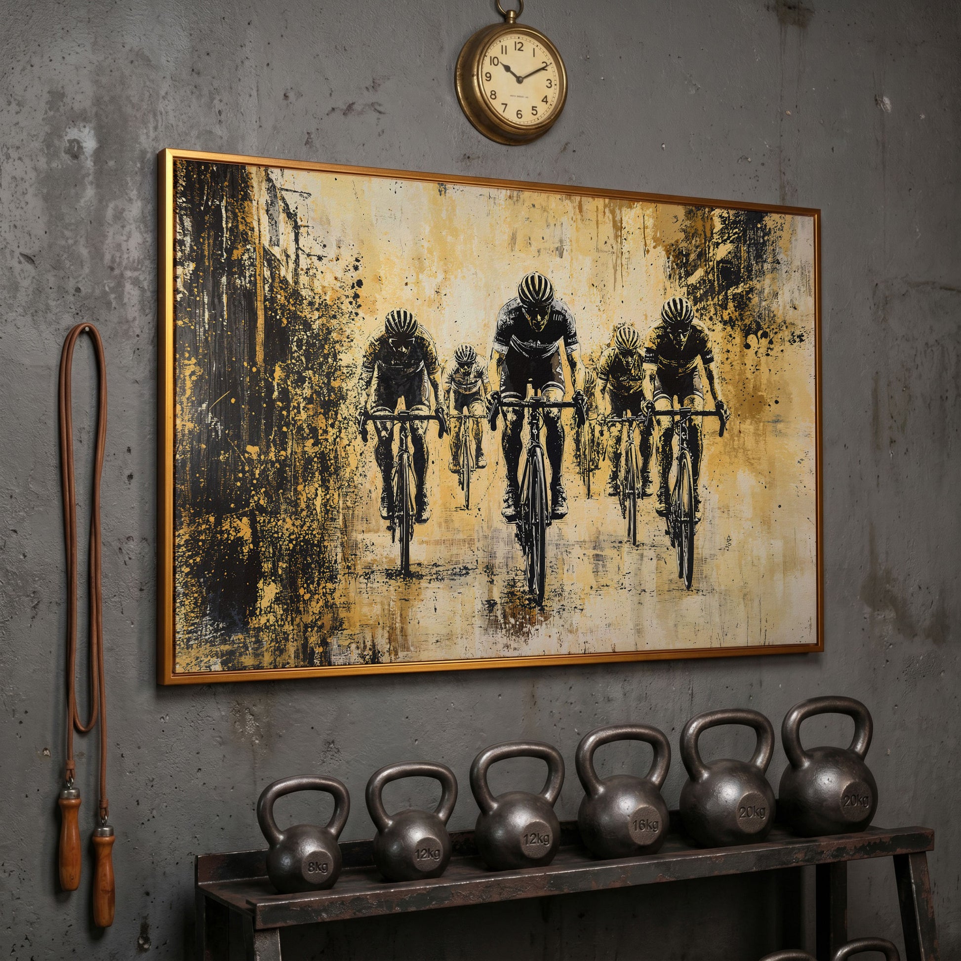 Abstract Cyclists Racing Canvas Print in antique gold floating frame
