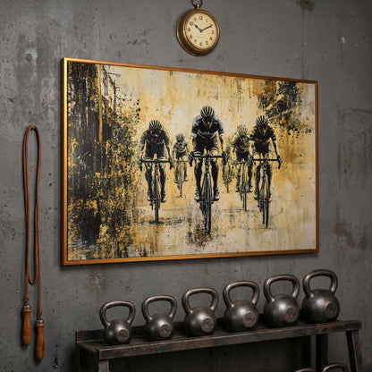 Abstract Cyclists Racing Canvas Print in antique gold floating frame