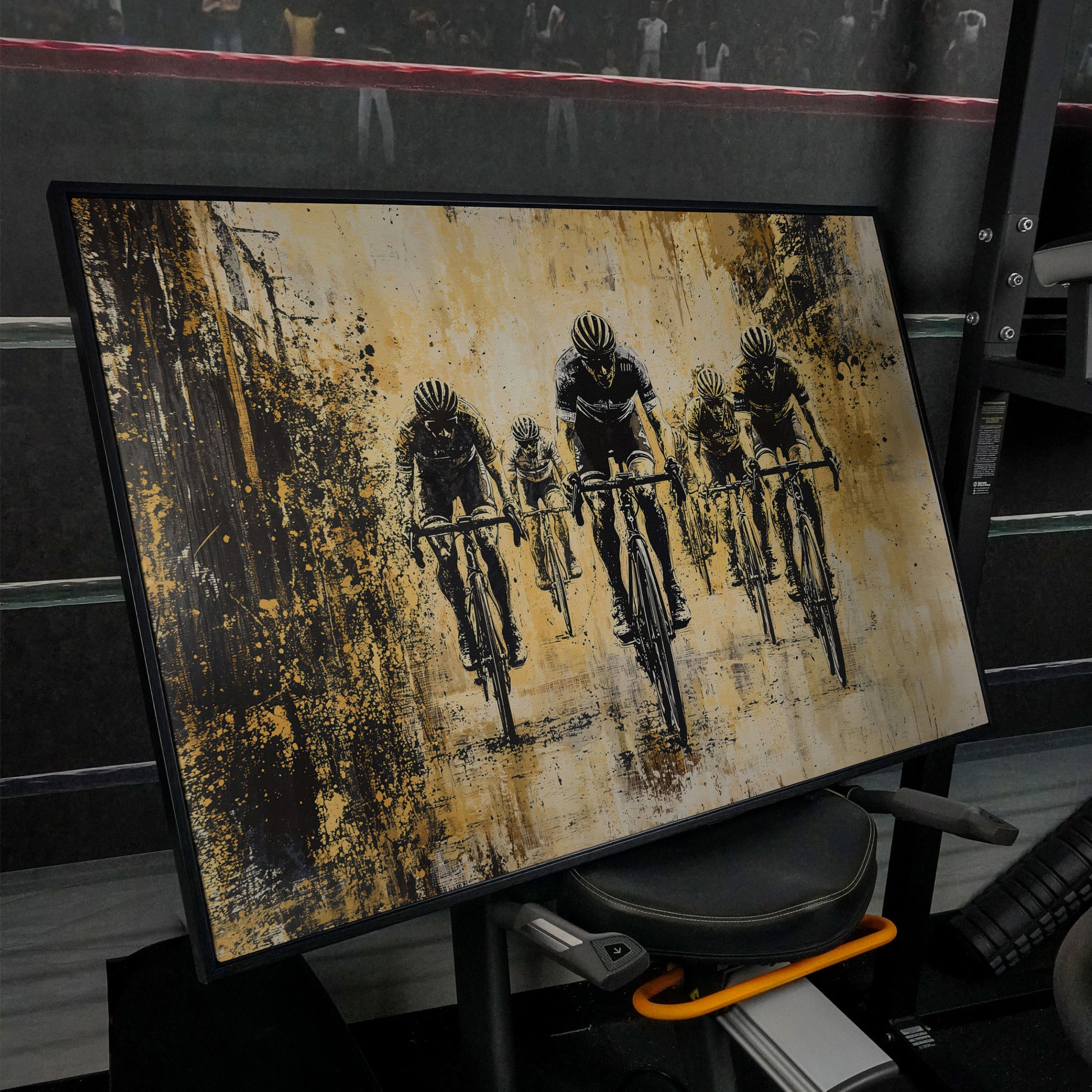 Abstract Cyclists Racing Canvas Print in black floating frame