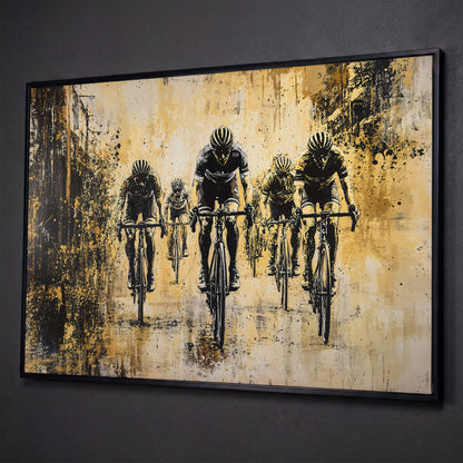 Abstract Cyclists Racing Canvas Print shown in black floating frame
