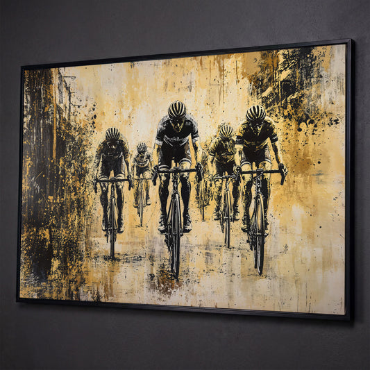 Abstract Cyclists Racing Canvas Print shown in black floating frame