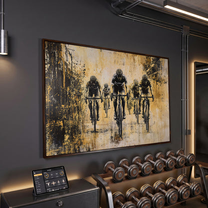 Abstract Cyclists Racing Canvas Print in dark walnut floating frame