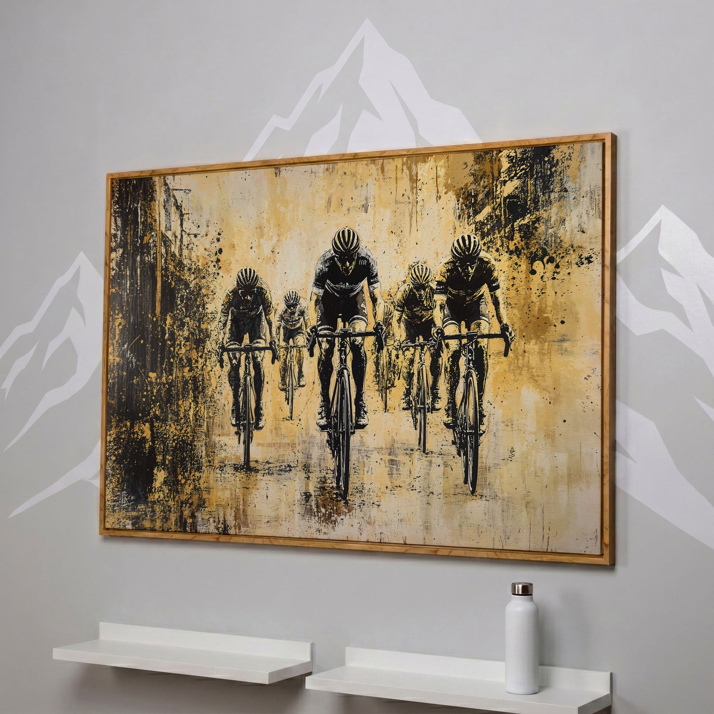 Abstract Cyclists Racing Canvas Print in white oak floating frame