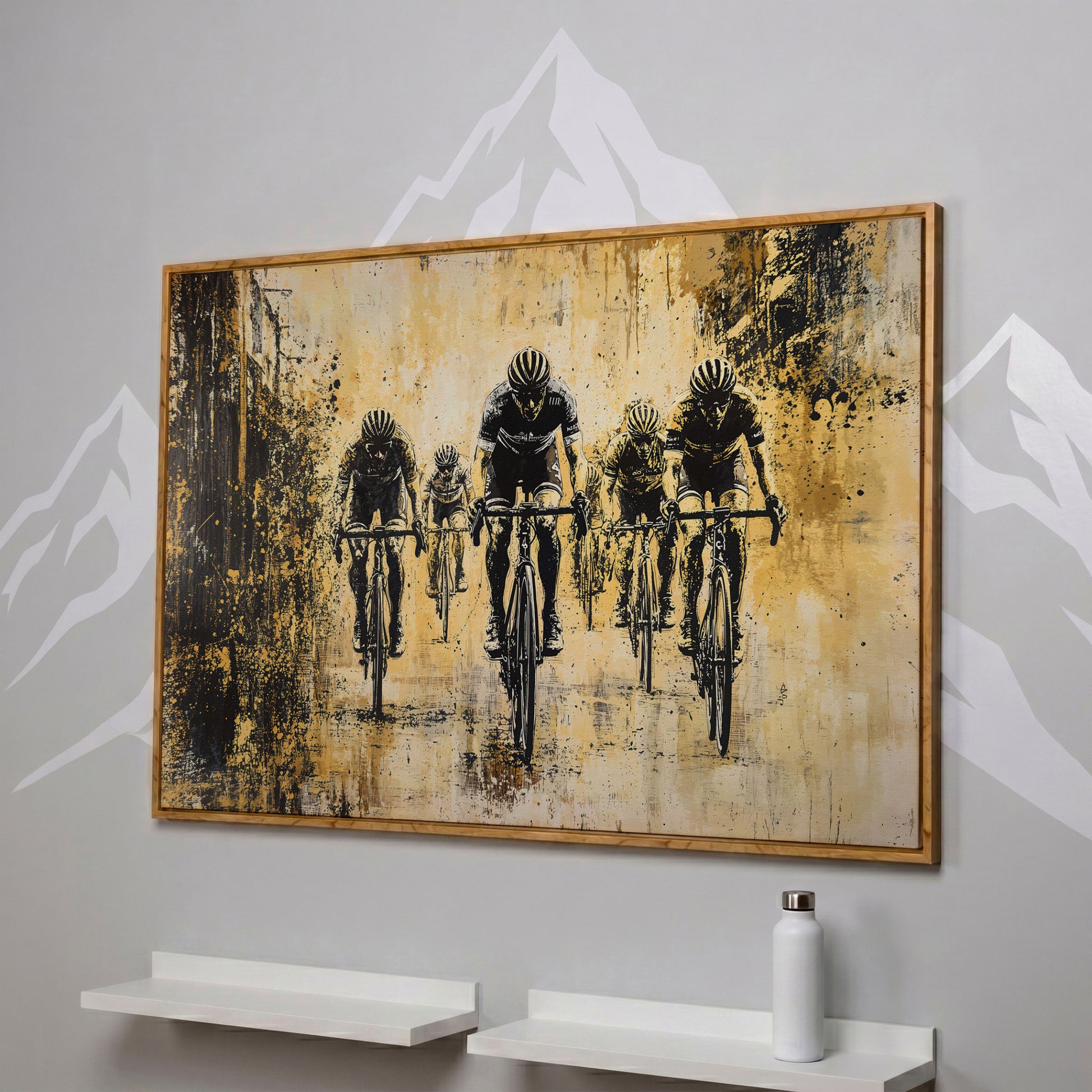 Abstract Cyclists Racing Canvas Print in white oak floating frame