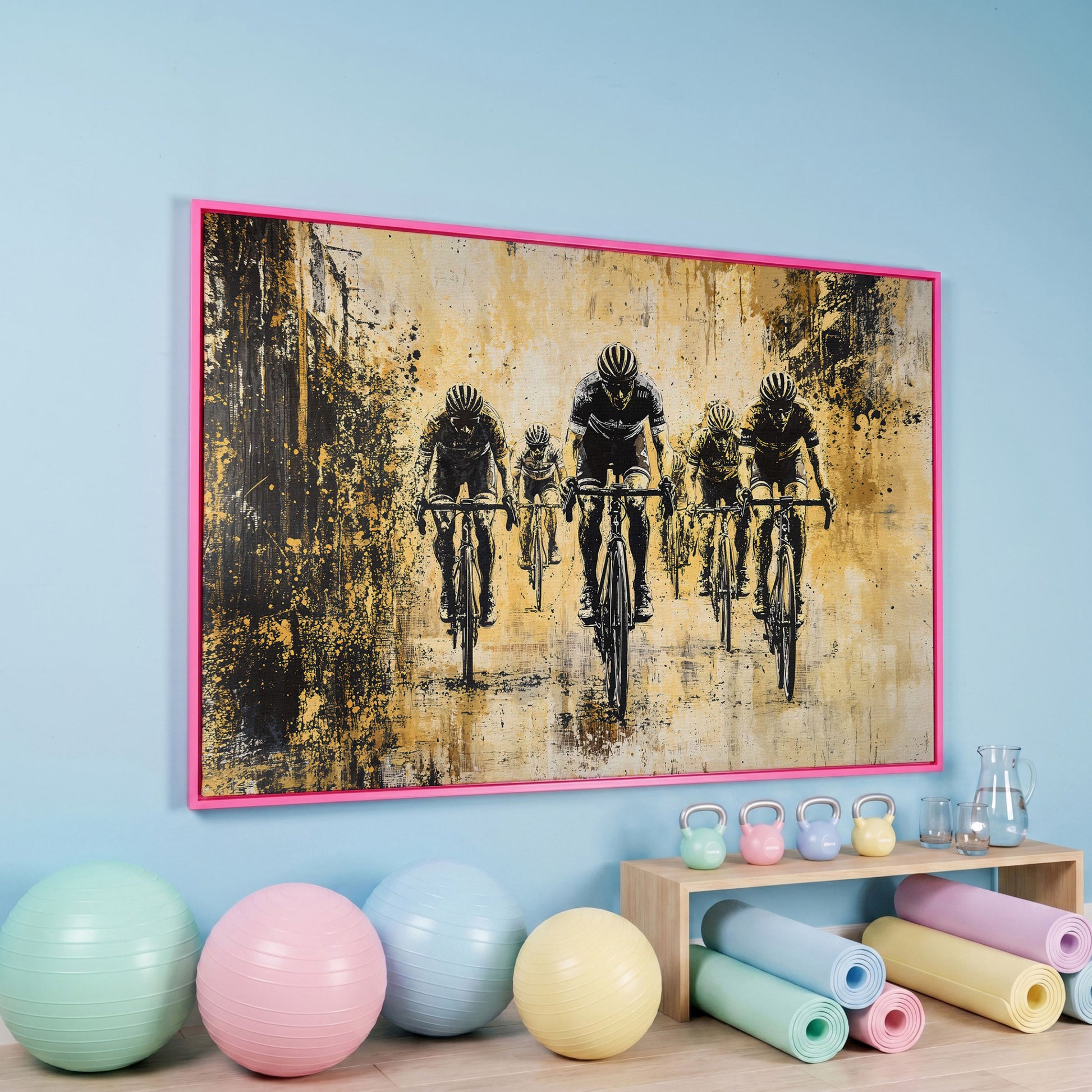 Abstract Cyclists Racing Canvas Print in pink floating frame