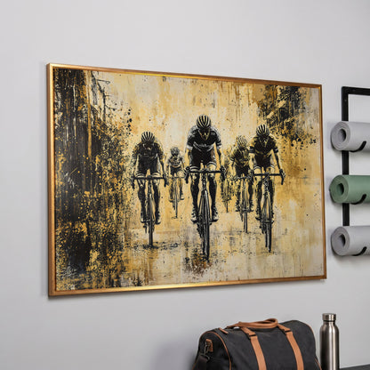 Abstract Cyclists Racing Canvas Print in rose gold floating frame