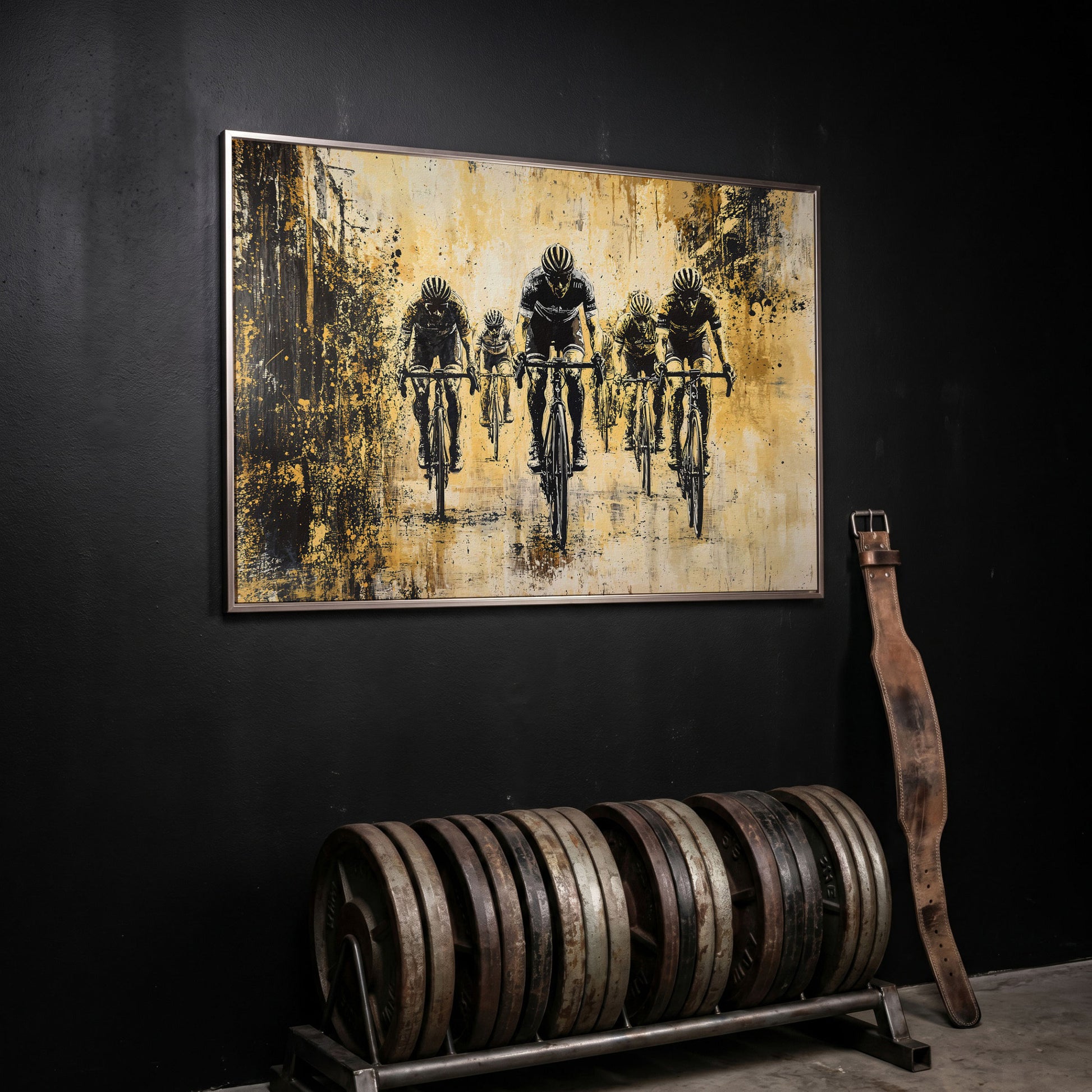 Abstract Cyclists Racing Canvas Print in silver floating frame