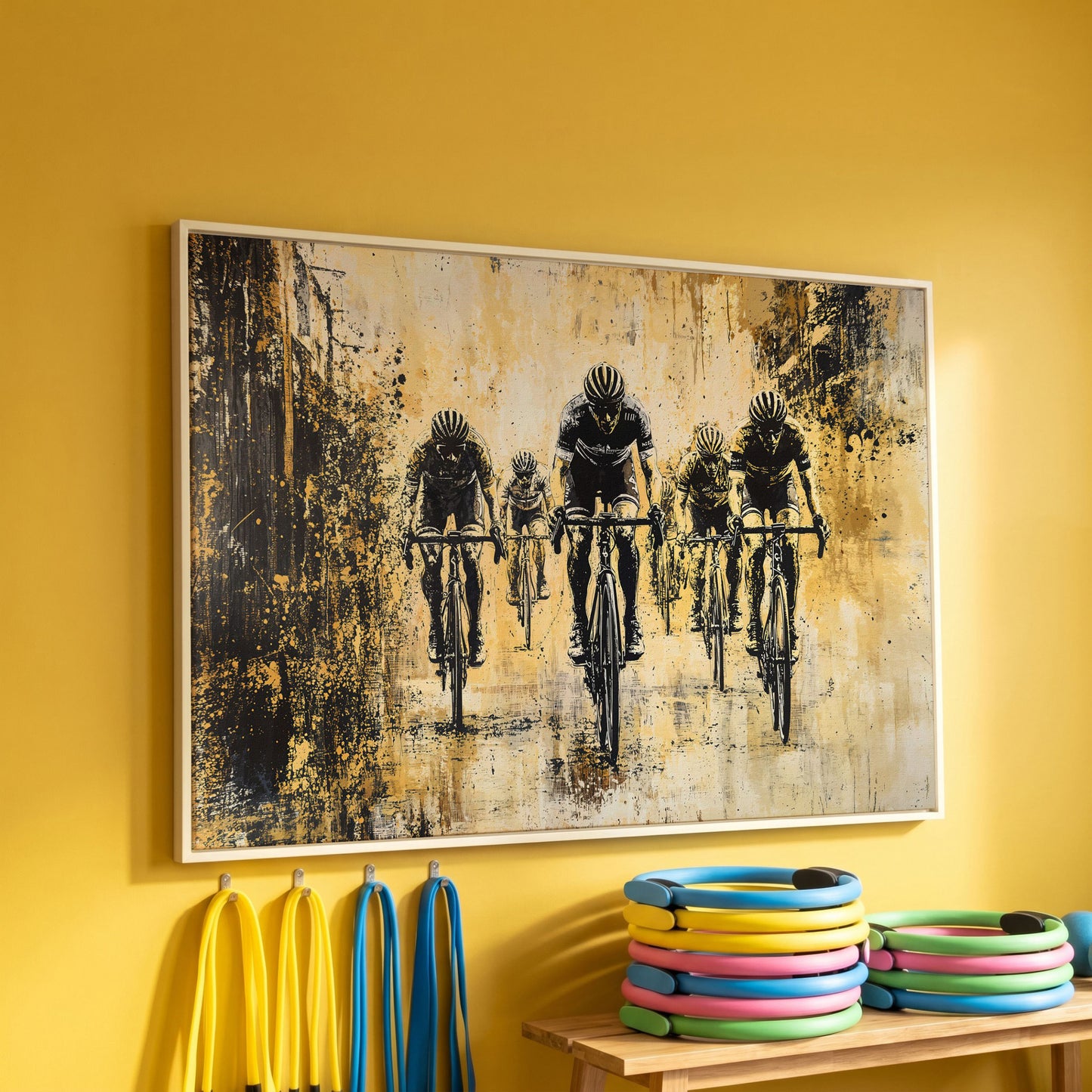 Abstract Cyclists Racing Canvas Print in white floating frame