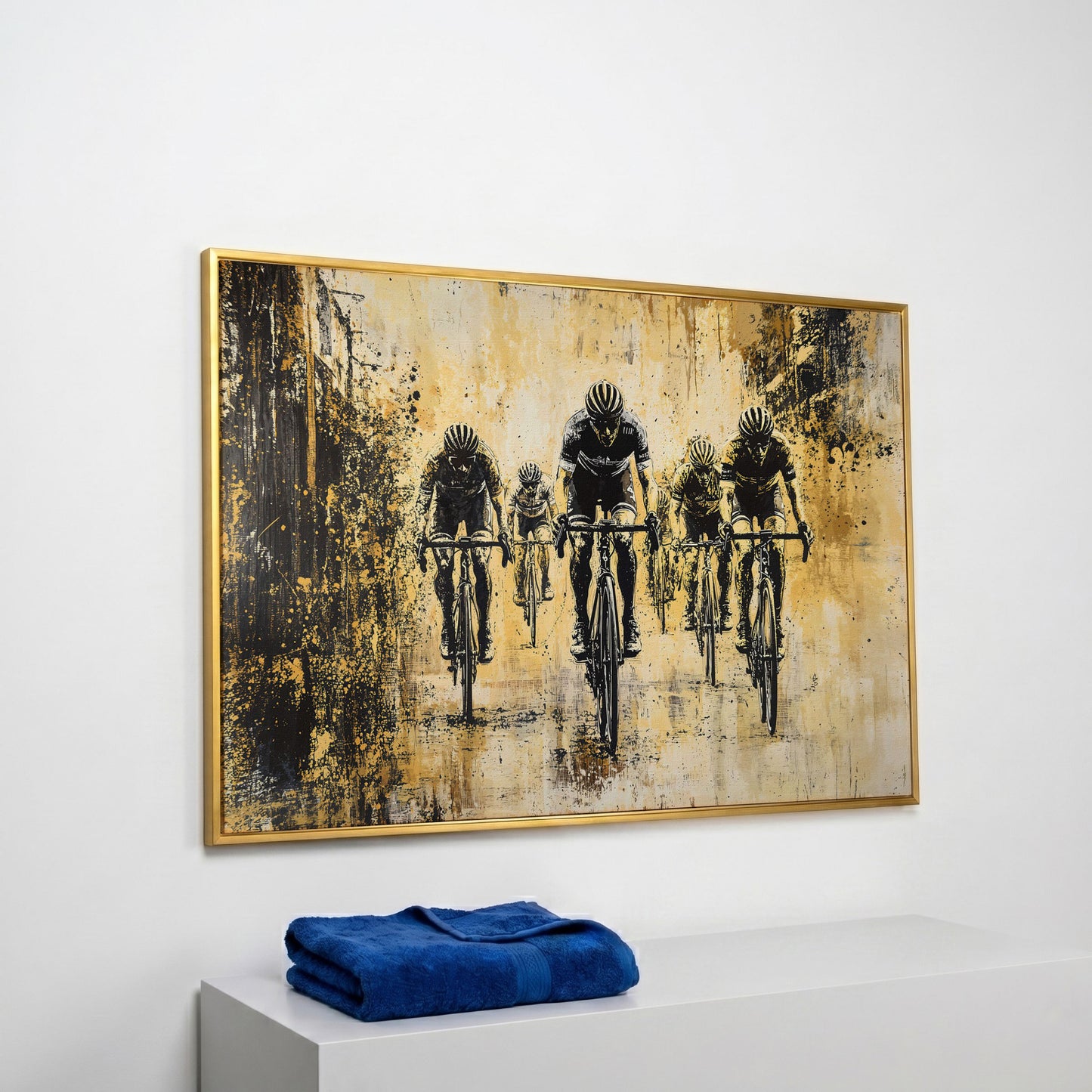Abstract Cyclists Racing Canvas Print in yellow gold floating frame