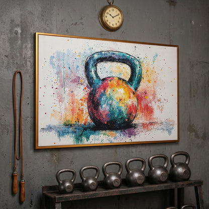 Colorful Kettlebell Abstract Canvas in antique gold floating frame