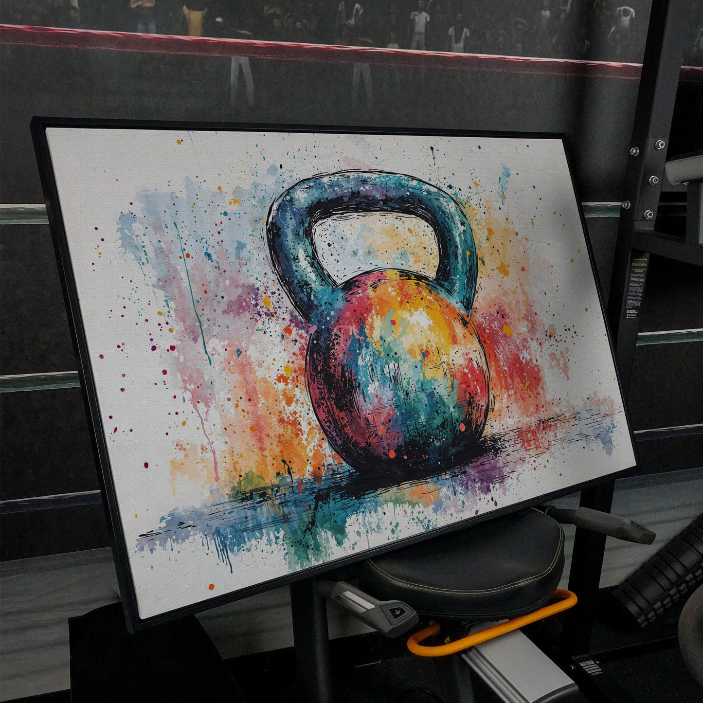 Colorful Kettlebell Abstract Canvas in black floating frame