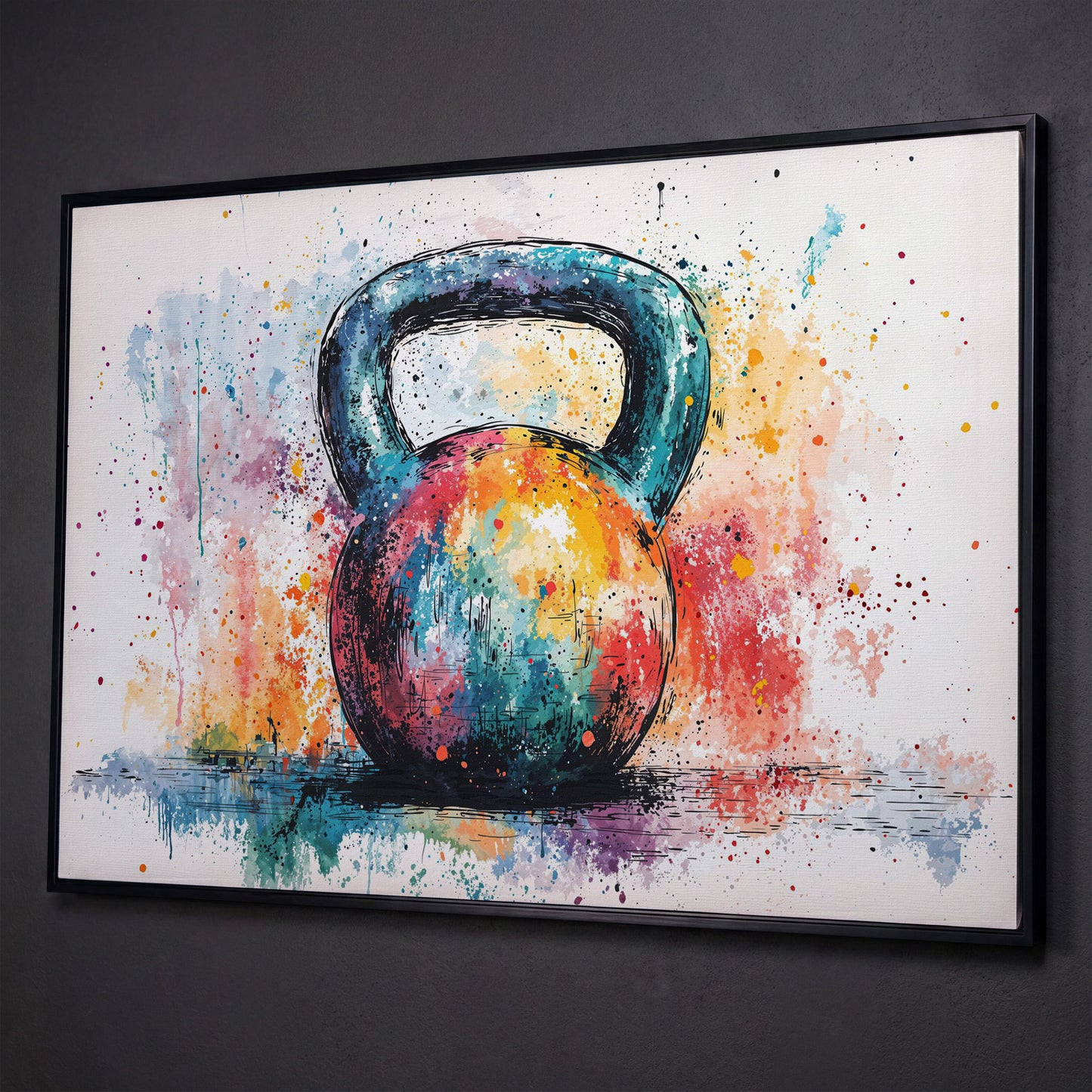 Colorful Kettlebell Abstract Canvas shown in black floating frame