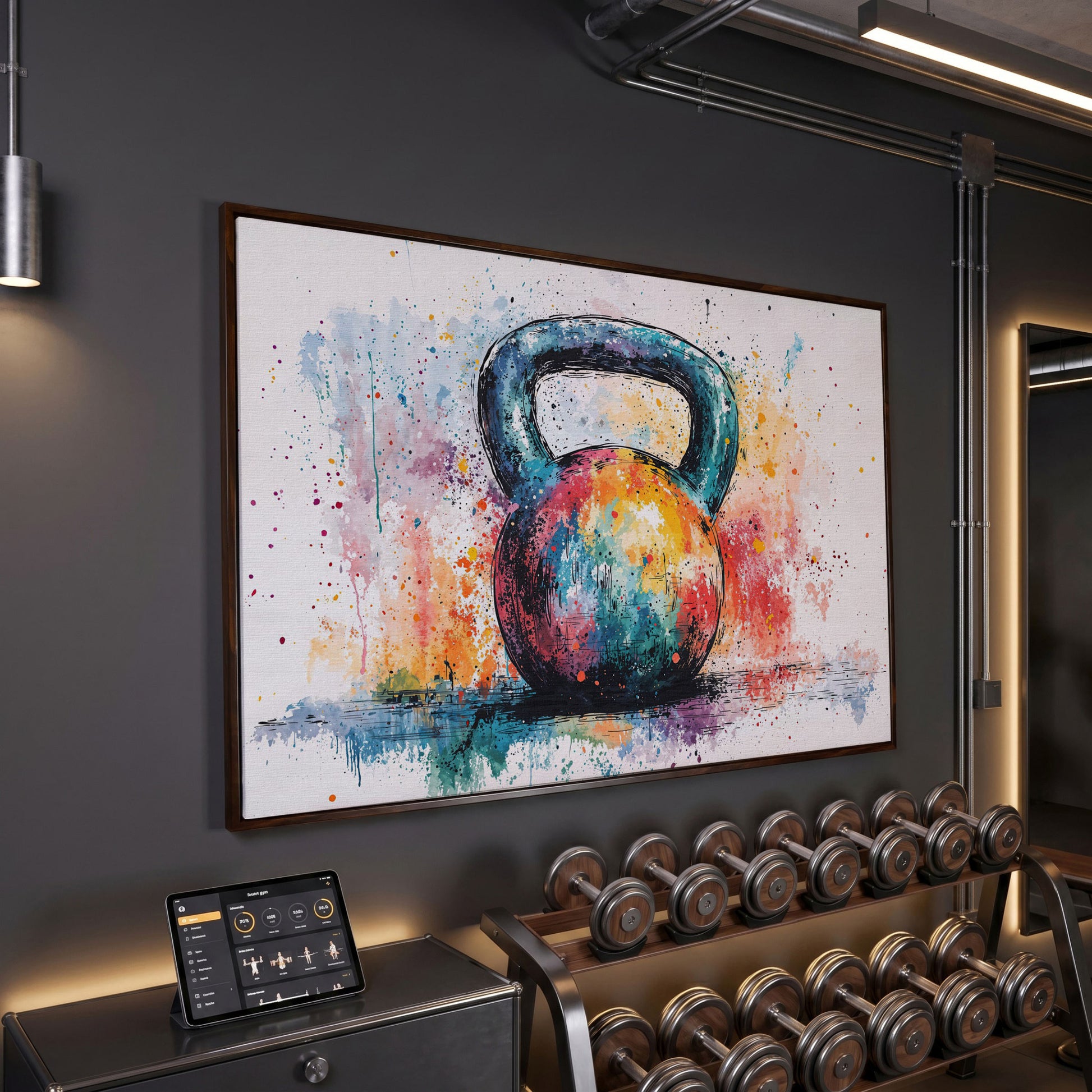 Colorful Kettlebell Abstract Canvas in dark walnut floating frame
