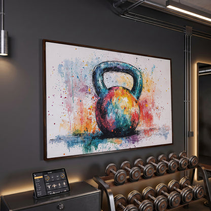 Colorful Kettlebell Abstract Canvas in dark walnut floating frame