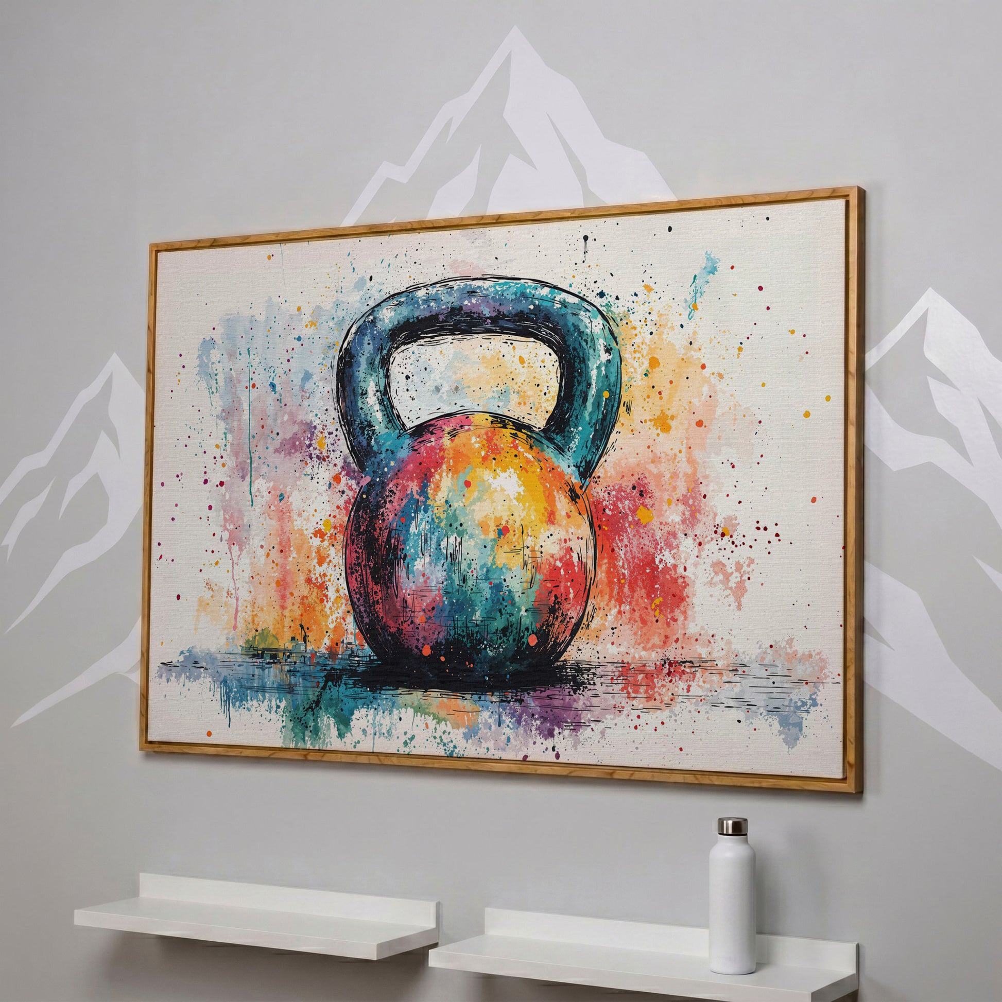 Colorful Kettlebell Abstract Canvas in white oak floating frame