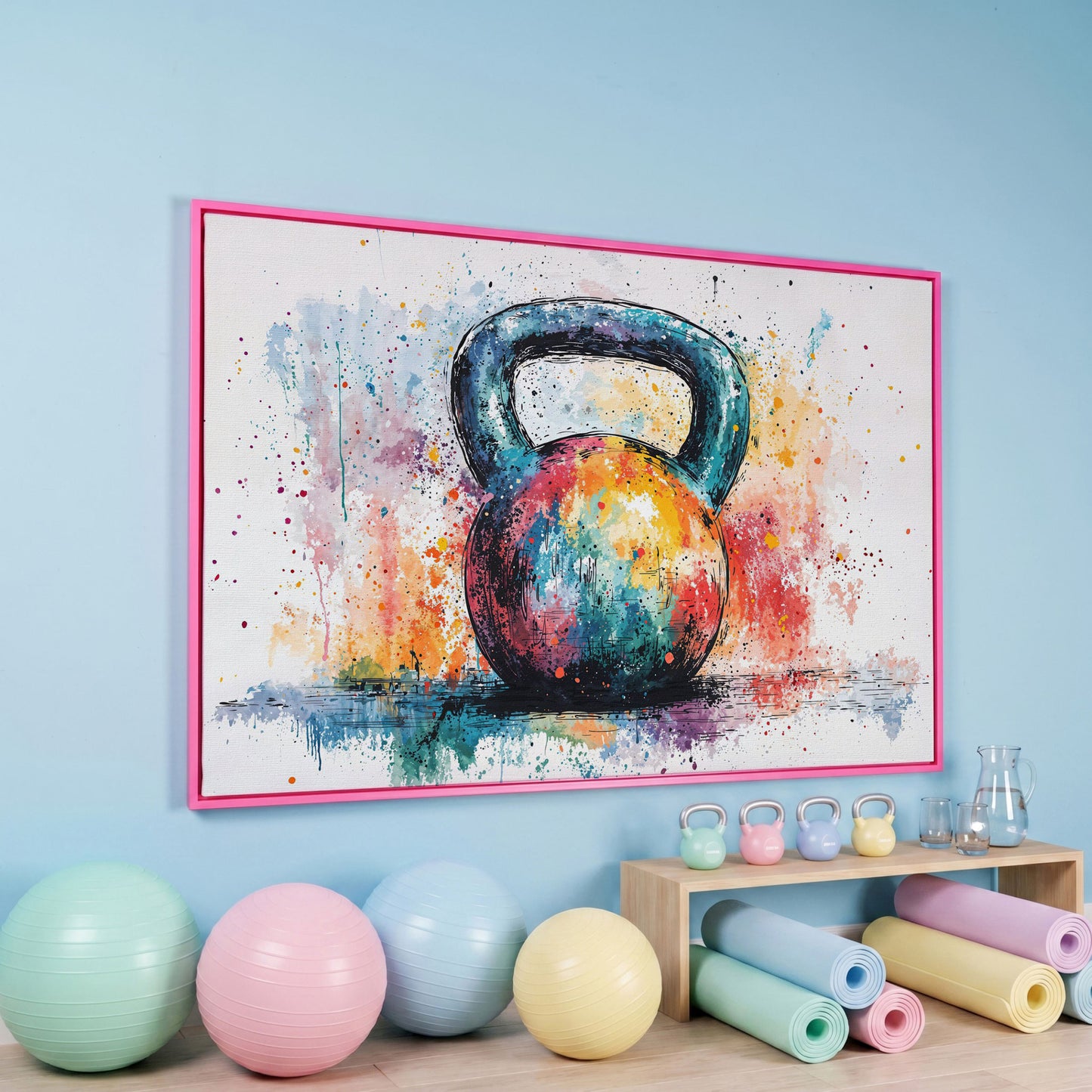 Colorful Kettlebell Abstract Canvas in pink floating frame