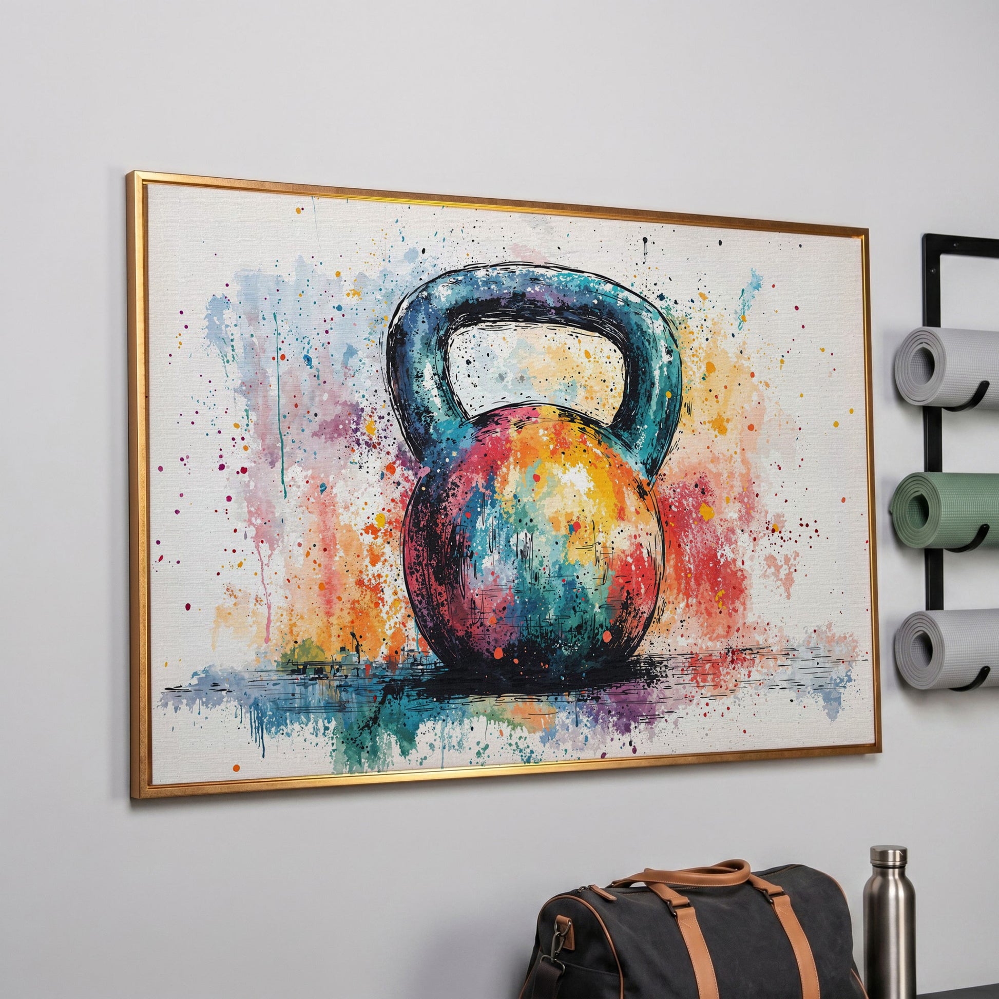 Colorful Kettlebell Abstract Canvas in rose gold floating frame