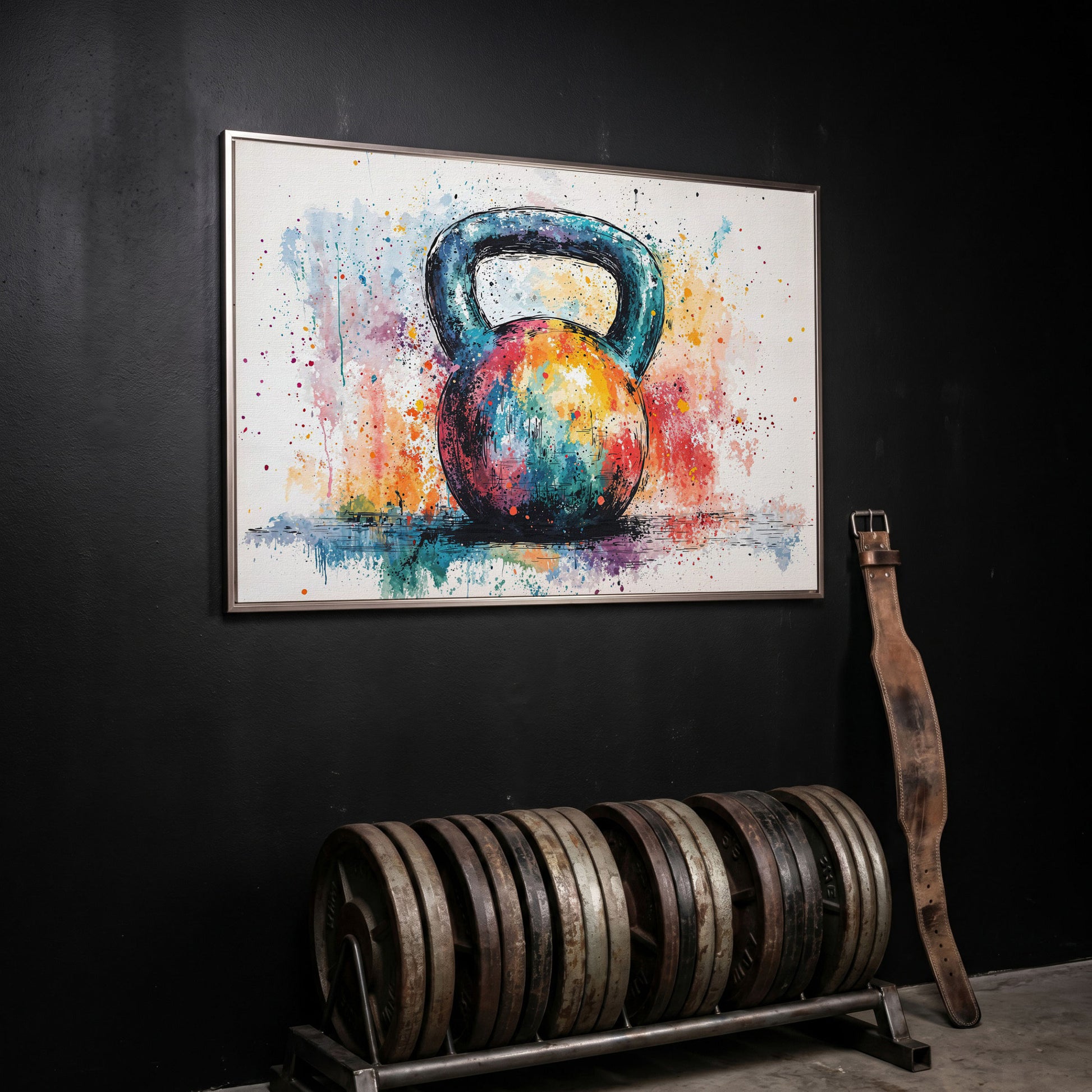 Colorful Kettlebell Abstract Canvas in silver floating frame