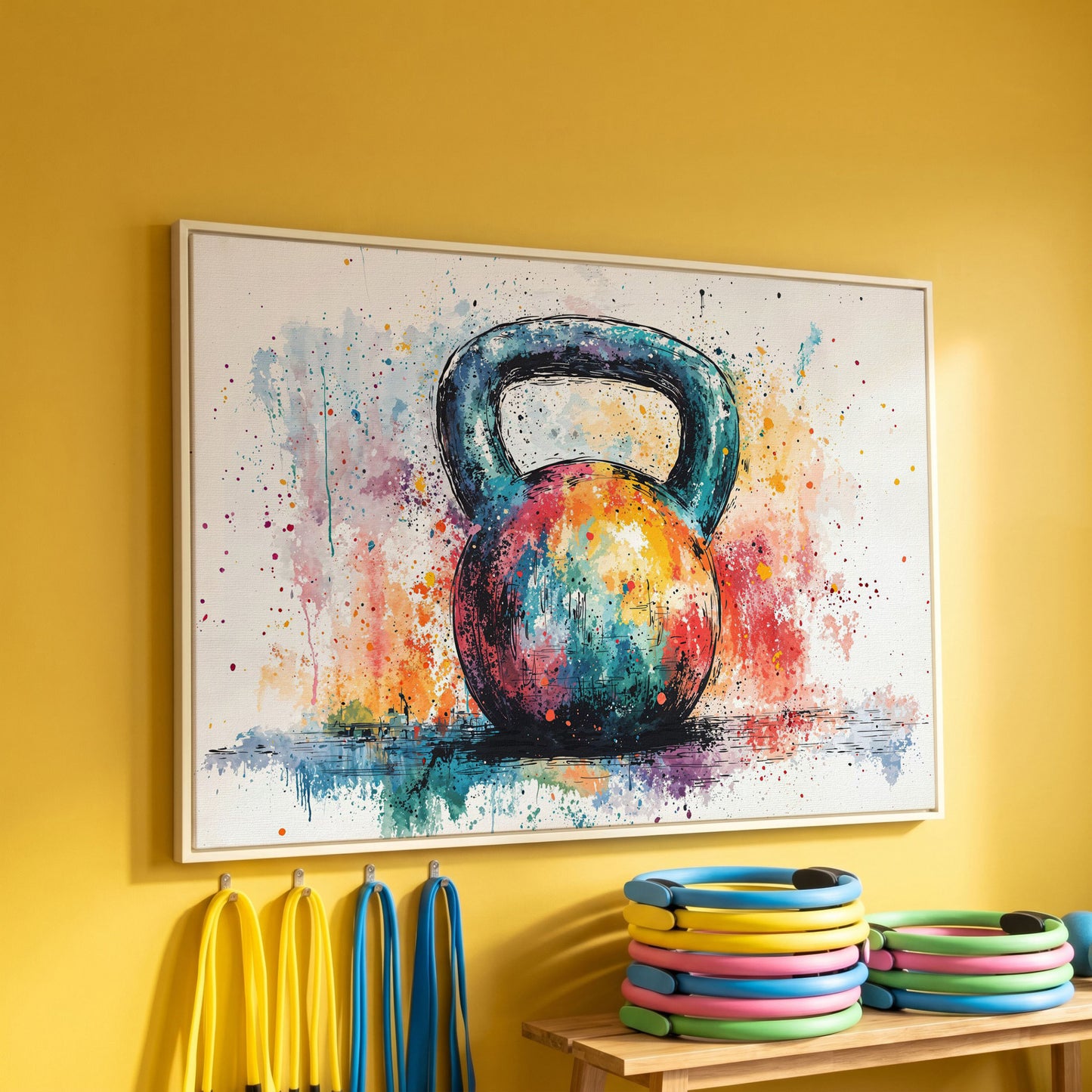 Colorful Kettlebell Abstract Canvas in white floating frame
