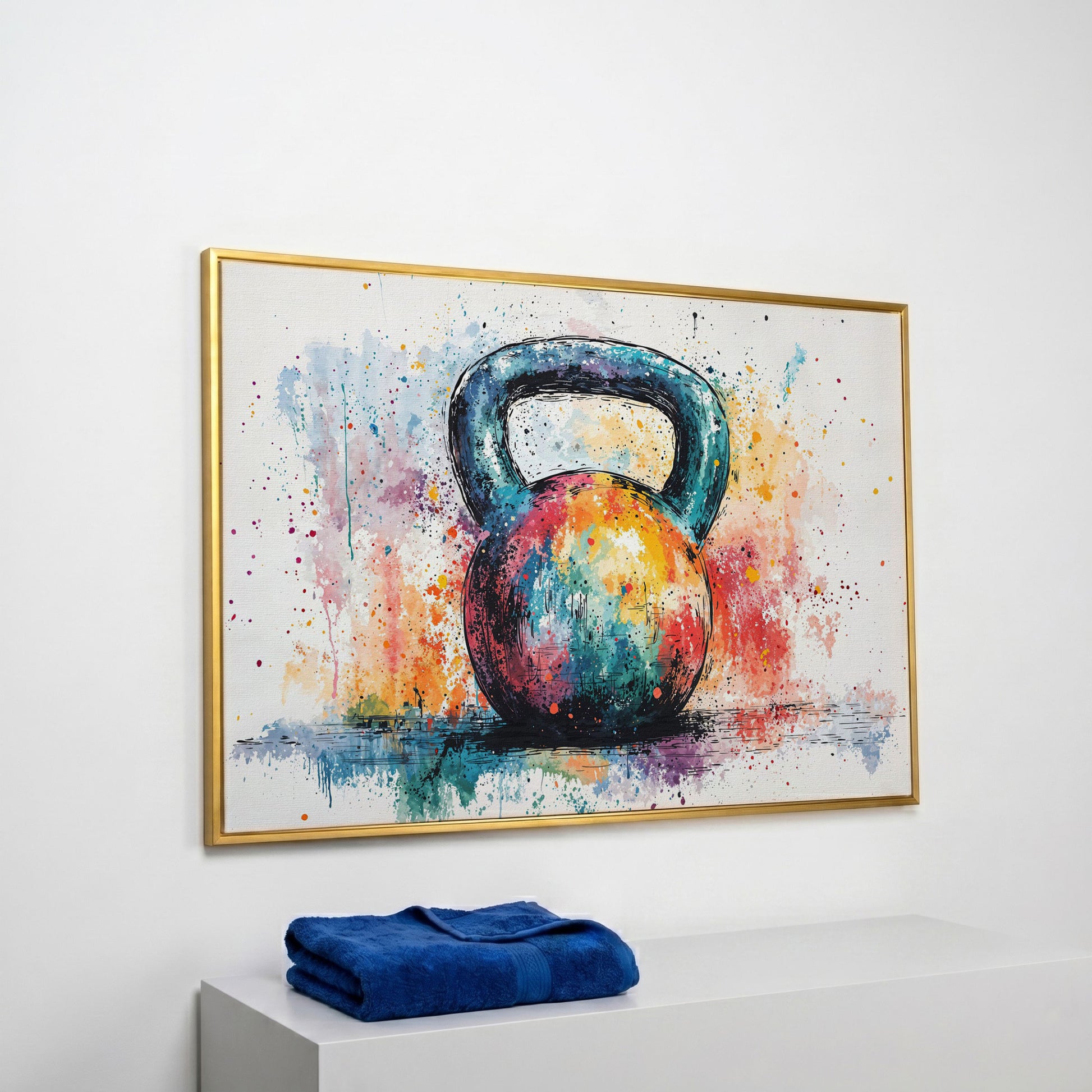 Colorful Kettlebell Abstract Canvas in yellow gold floating frame