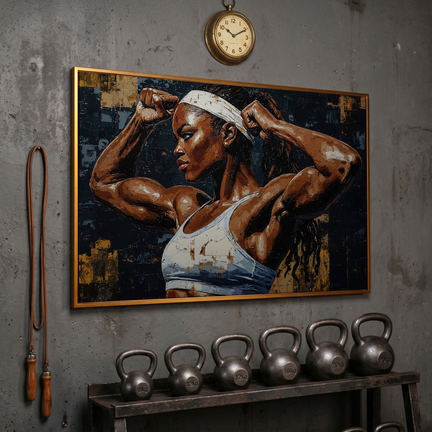 Strong Woman Bodybuilder Portrait Canvas in antique gold floating frame