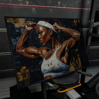 Strong Woman Bodybuilder Portrait Canvas in black floating frame