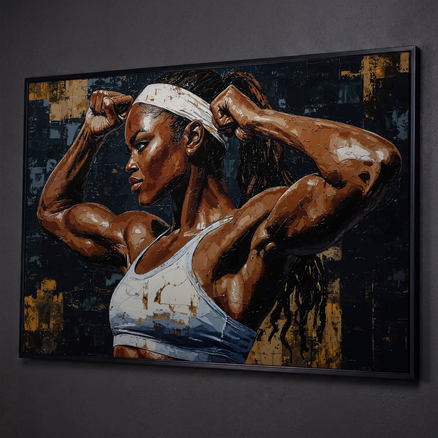 Strong Woman Bodybuilder Portrait Canvas shown in black floating frame