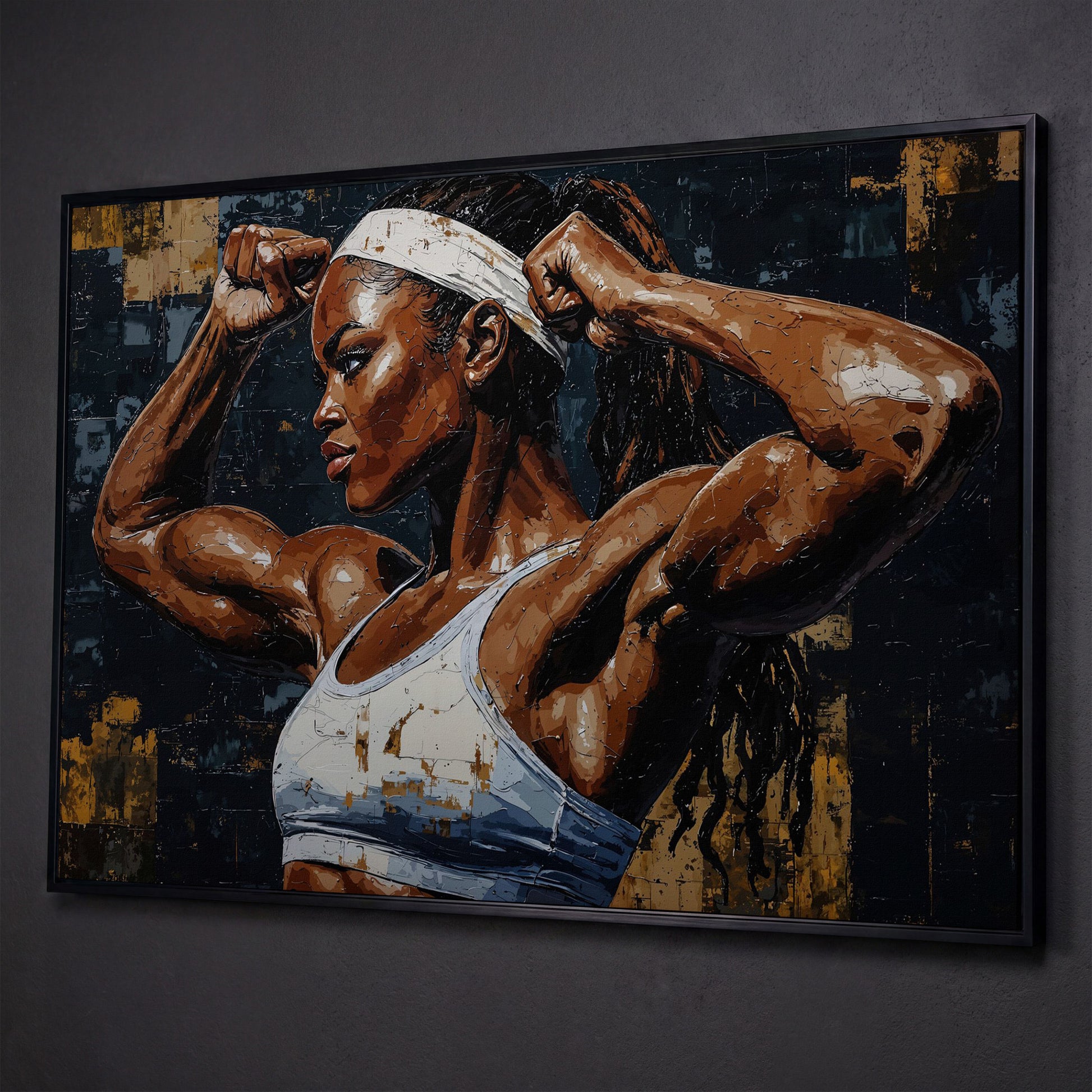 Strong Woman Bodybuilder Portrait Canvas shown in black floating frame