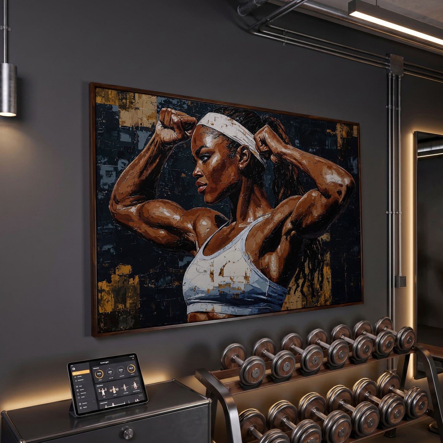 Strong Woman Bodybuilder Portrait Canvas in dark walnut floating frame